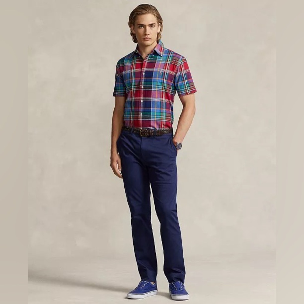 Ralph Lauren Mens Madras Plaid Slim Fit Short Sleeve Oxford Buttondown Shirt